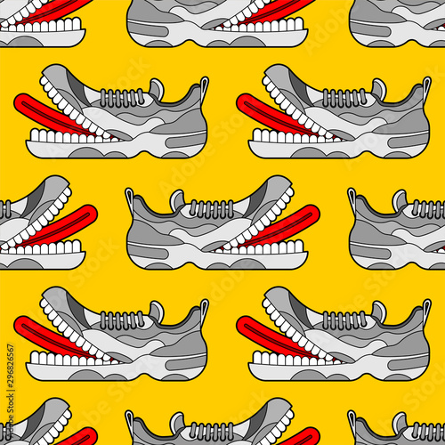 Toothy Sneaker monster pattern seamless. Sneakers with teeth background. Angry hungry Sports shoes vector texture