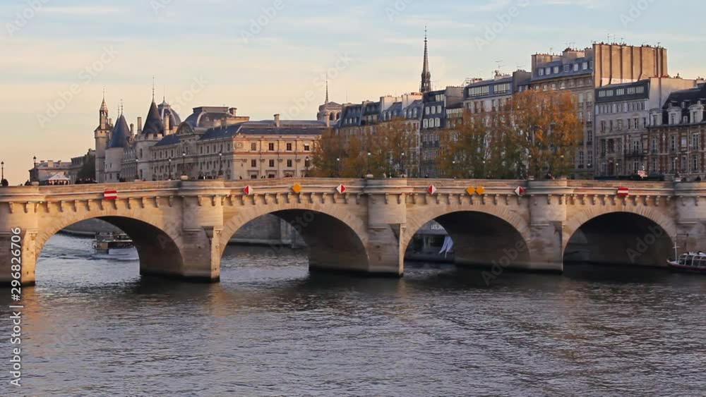 Sena river, bridge, boats, trees, walk path and buildings in Paris Sena river, bridge, boats, trees, walk path and buildings in Paris
