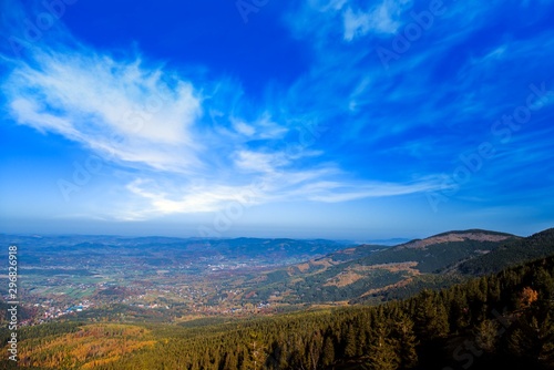 Mountains Karkonosze in Poland . A journey on foot to the top of the mountain. Lifestyle. Go to the target . In autumn view from mountain peaks . 