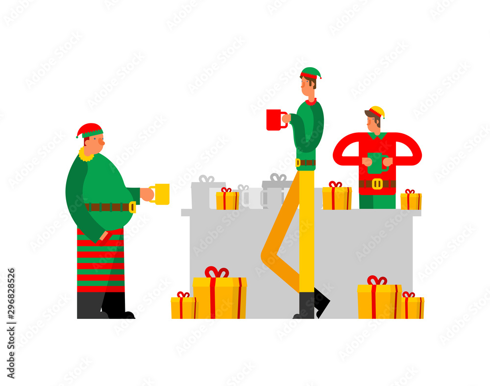 Santa elf at work break. Santa helper drinking coffee. Xmas and New Year vector illustration