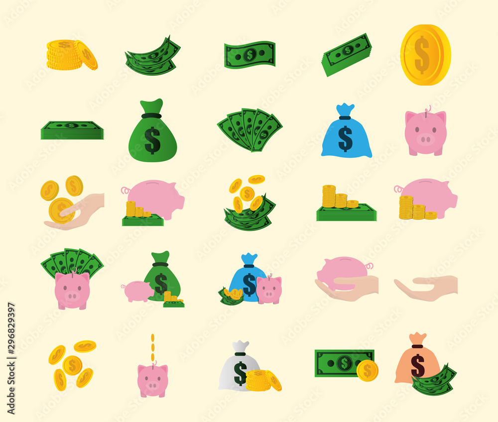 bundle of money savings with icons set