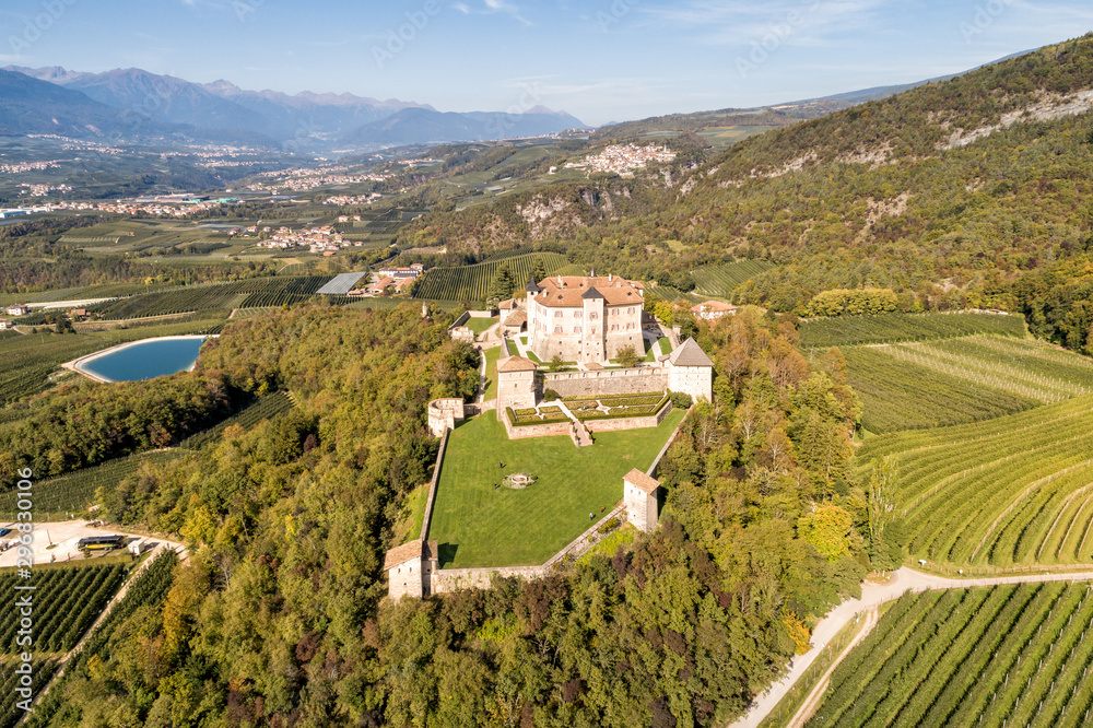 Aerial View of Castel Thun, gothic, medieval castle, province of Trento, Italy