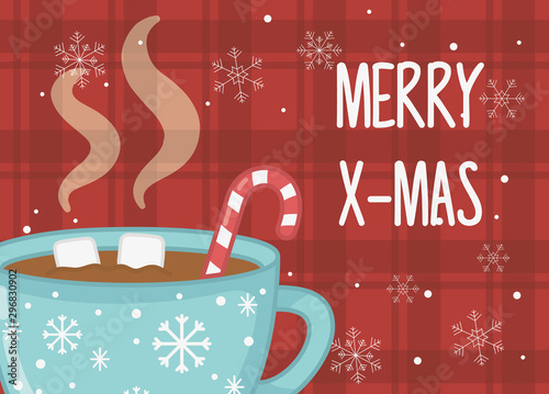 hot chocolate cup marshmallow candy cane merry christmas card