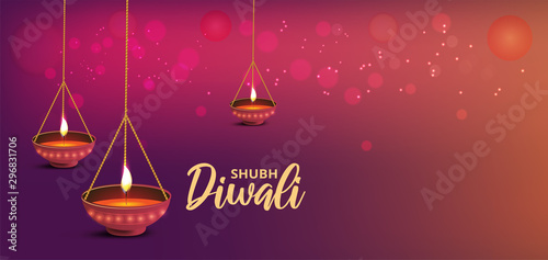 Website header or banner design with realistic oil lamp on purple  background for Diwali Festival celebration.