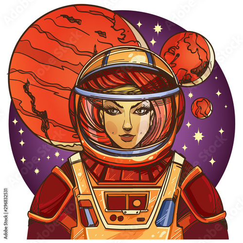 Girl in a spacesuit for t-shirt design or print. Woman astronaut. Cosmic Beauty. Martian, alien illustration.