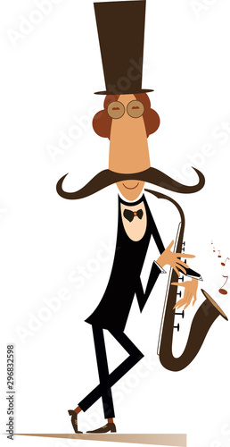 Cartoon long mustache saxophonist illustration isolated. Smiling mustache man in the top hat is playing music on saxophone with inspiration isolated on white