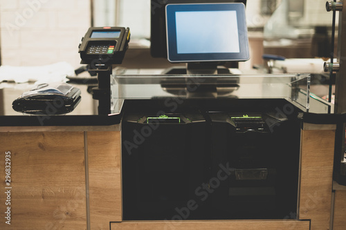 Self-checkout counter in a supermarket. Modern technology in trade. Electronic cashier.
