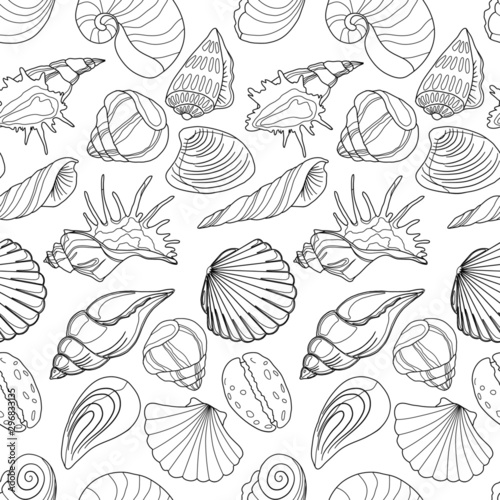 seamless pattern with sea shells in monochrome colors