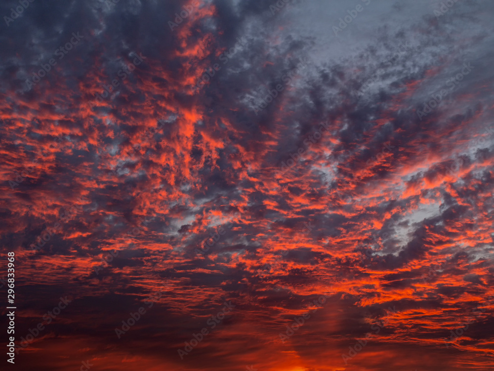 Dramatic sunset sky, Red color.