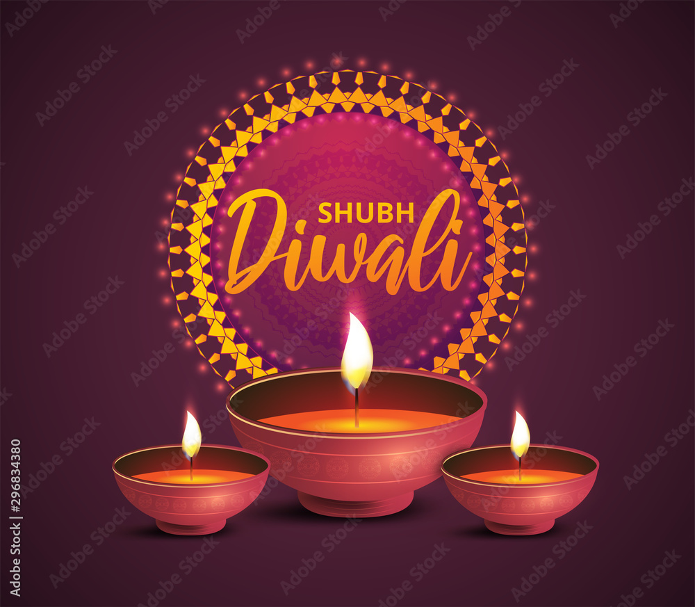 Website header or banner design with illustration of realistic illuminated oil lamps and floral mandala on dark purple background for Diwali festival. Website header or banner design with illustration of realistic illuminated oil lamps and floral mandala on dark purple background for Diwali festival.