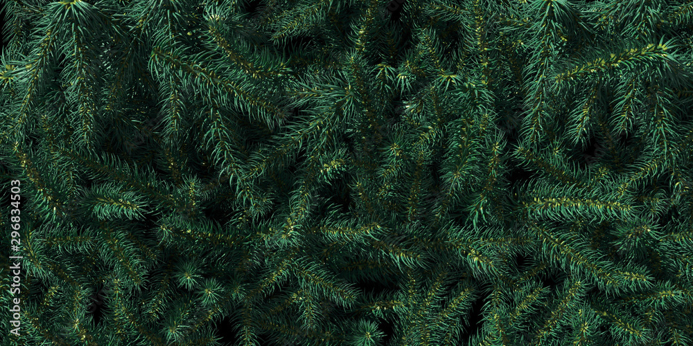Background of Christmas tree branches. Happy New Year green theme background. 3d rendering. - obrazy, fototapety, plakaty 