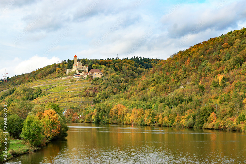 Burg Hornberg über dem Neckar vom Haßmersheimer Neckarsteg aus