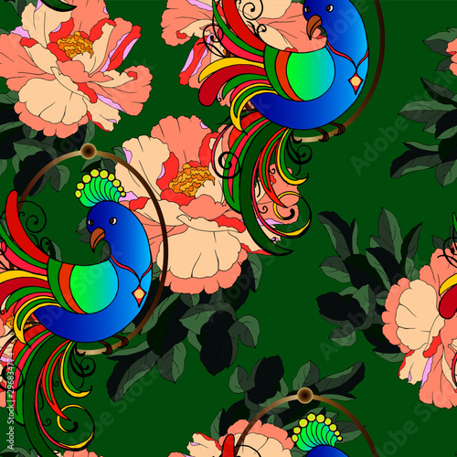 seamless pattern with peonies and peacocks