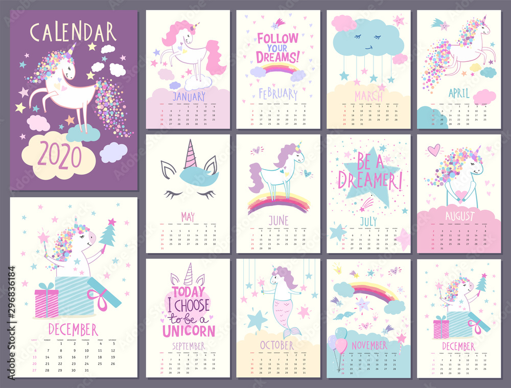 Monthly calendar 2020 with cute unicorn characters