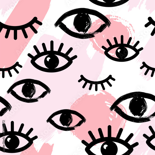 Abstract seamless pattern with pink hand drawn brush strokes and eyes