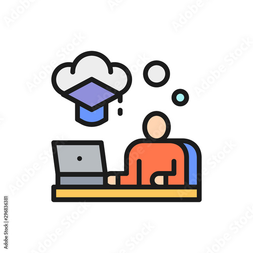 Online training at home, web education, learning courses flat color line icon.