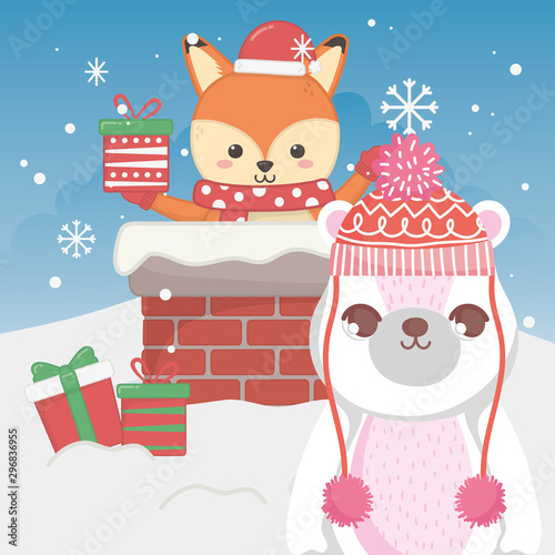 cute polar bear and fox with gift in the chimney merry christmas