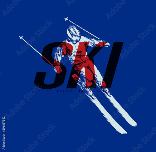 Modern ski t-shirt print with a skier going downhill and bold SKI letters - dynamic winter sports illustration
