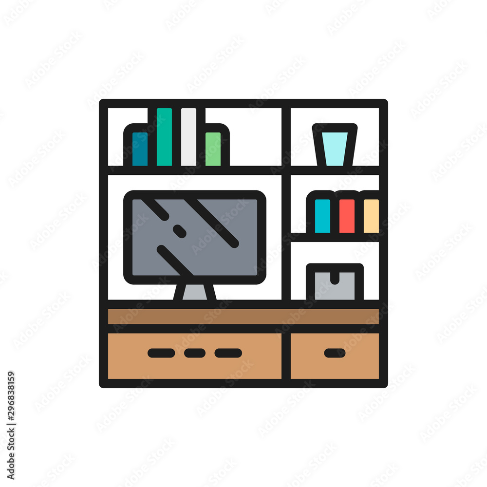 Television on stand flat color line icon. Television on stand flat color line icon.