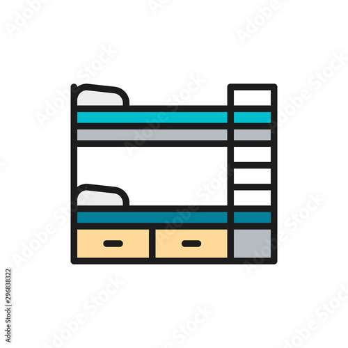 Vector bunk bed flat color line icon.