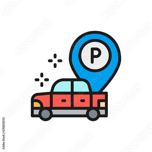 Car with large parking pointer flat color line icon.