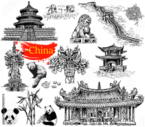 Set of hand drawn sketch style China related objects isolated on white background. Vector Illustration.