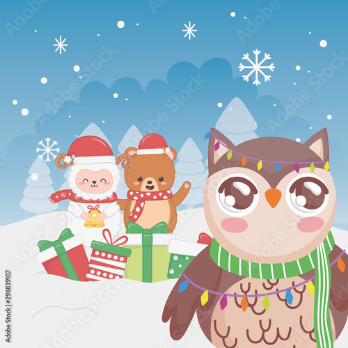 cute owl sheep and bear snowflakes winter trees merry christmas
