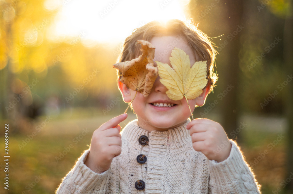Happy little child baby boy laughing and playing in the autumn day - obrazy, fototapety, plakaty 