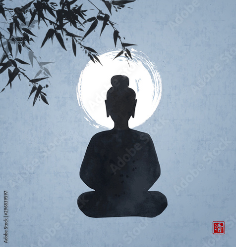 Silhouette of Buddha sitting under the bamboo tree and the Moon on blue night sky background. Traditional oriental ink painting sumi-e, u-sin, go-hua. Hieroglyph - clarity.