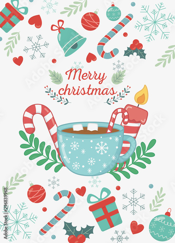 chocolate cup marshmallow candle candy cane merry christmas card