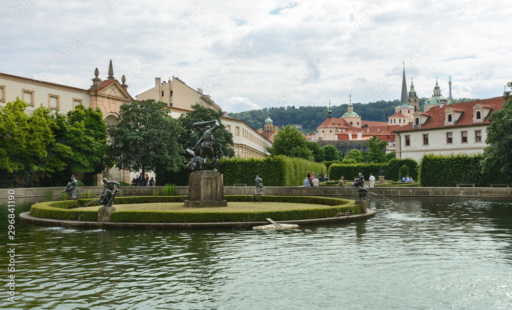 The Wallenstein Palace stands near the Vltava River in the northern part of the Lesser Country. Alleys of the garden are decorated with copies of sculptures of Adrien de Vries on mythological themes.