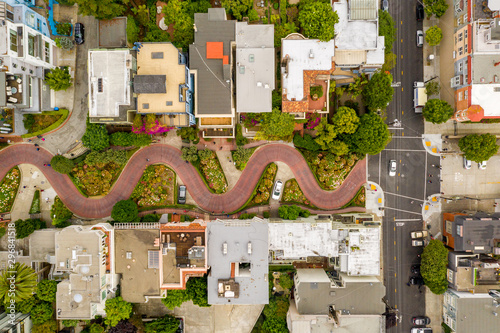 Aerial view of the famous Lombard Street, San Francisco, California, USA