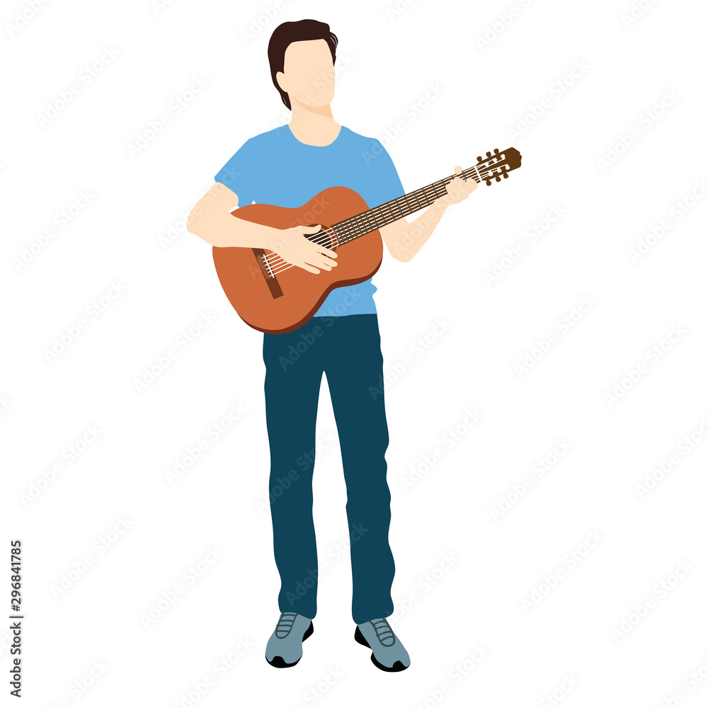Man playing music on the guitar, silhouette, flat icon, standing, blue and yellow color, isolated on white background Man playing music on the guitar, silhouette, flat icon, standing, blue and yellow color, isolated on white background