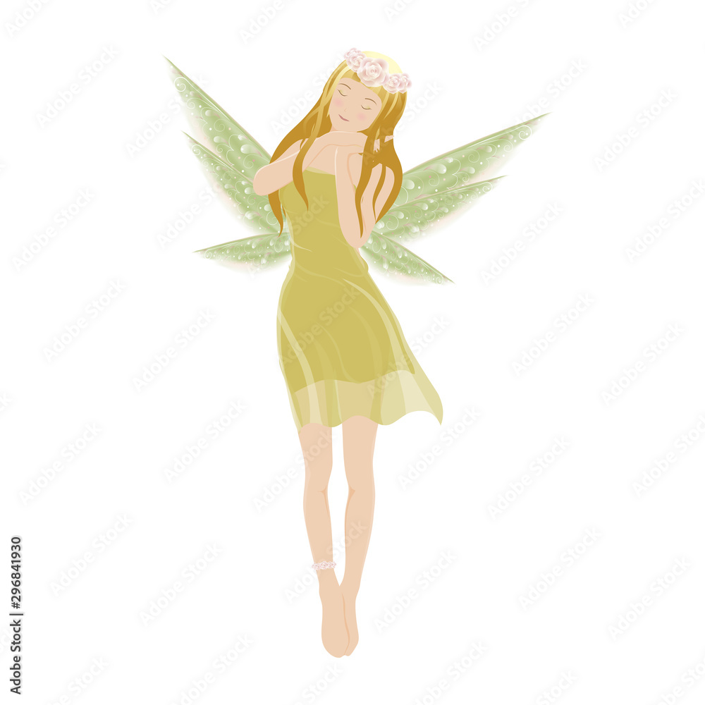 Illustration of a Cute green fairy flying with beautiful wings, Vector cartoon for bed time story elements Illustration of a Cute green fairy flying with beautiful wings, Vector cartoon for bed time story elements