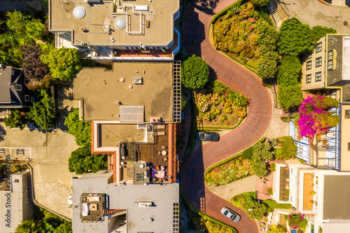 Aerial view of the famous Lombard Street, San Francisco, California, USA