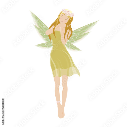 Illustration of a Cute green fairy flying with beautiful wings, Vector cartoon for bed time story elements