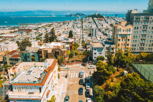 Beautiful aerial view of the San Francisco, USA. View of the Downtown, San Francisco bay and long steep streets.