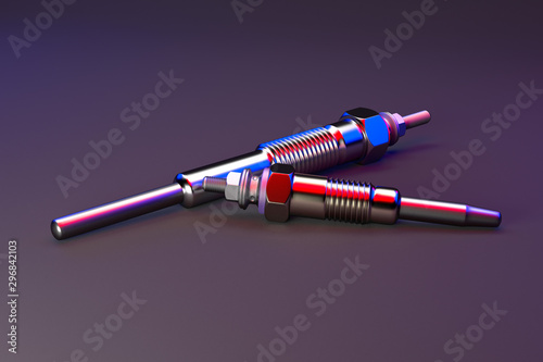 Two types of auto parts glow plug on a multicolored background. Spare part for the car engine. 3d rendering