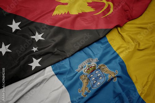 waving colorful flag of canary islands and national flag of Papua New Guinea .