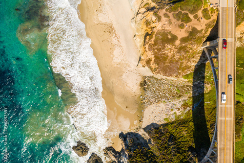 Arial view of the California Bixby bridge in Big Sur in the Monterey County along side State Route 1 US, the ocean road. 