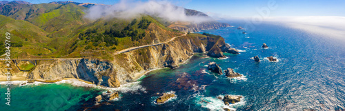 Magical aerial view of the route 101 by the Californian Pacific Coast on the way from Los Angeles to San Francisco near Big Sur Bixby Bridge.