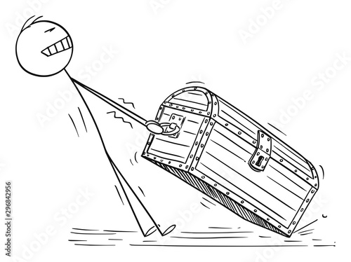 Vector cartoon stick figure drawing conceptual illustration of man or businessman pulling big and heavy wooden treasure chest. Concept of success.