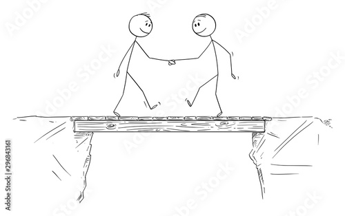 Vector cartoon stick figure drawing conceptual illustration of two men or businessmen shaking hands on the bridge. Business cooperation concept.