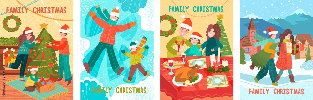Cute new year and christmas vector illustrations of a loving happy family on a winter vacation, mom, dad and baby are walking in nature, hugging and decorating a Christmas tree. Vector illustration
