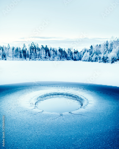 Thawing hole formed in ice photo