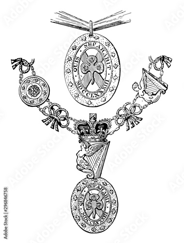 Insignia of the Order of St. Patrick is worn over the right shoulder vintage engraving.