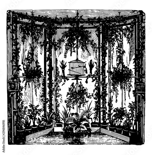Bay Window Conservatory run longitudinally vintage engraving.