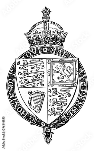 Shield of Queen Victoria is a coat of arms vintage engraving.