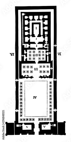 Ground Plan of Edfou, Edfou once had a second propylon, vintage engraving.