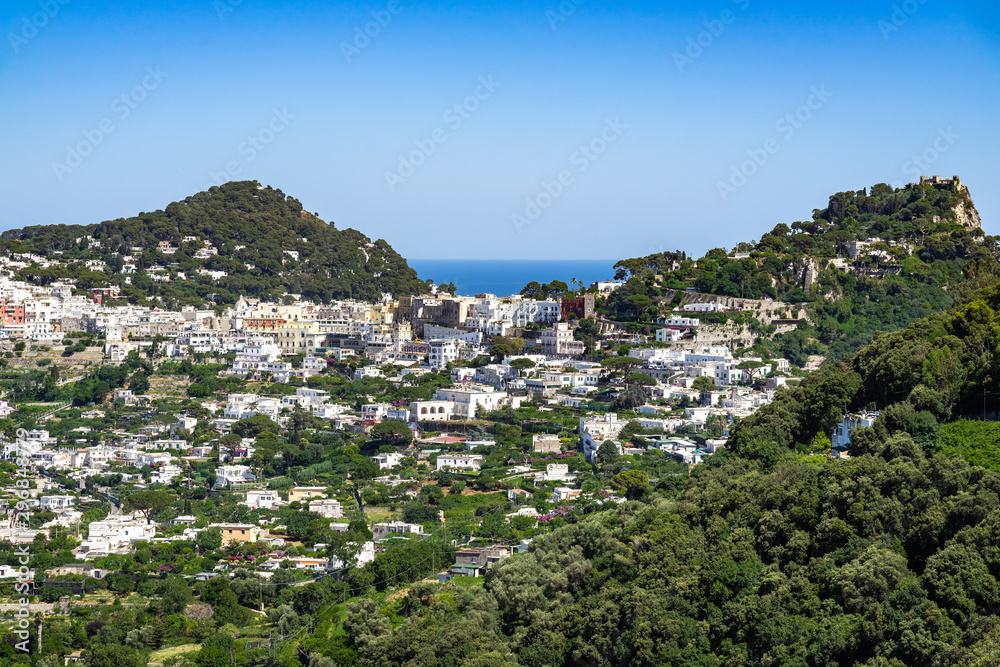 Landscape of Capri island and Capri town viewed from Scala Fenicia (Phoenician Steps), Campania, Italy.